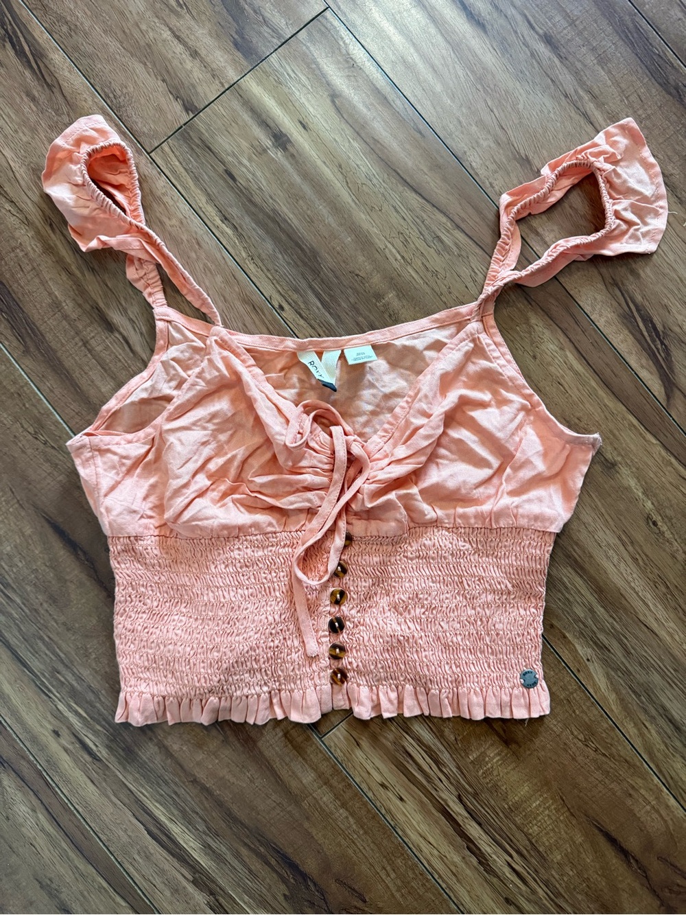 Roxy Peach Tie-Front Smocked Crop Top